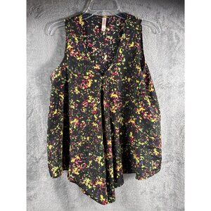 Xhilaration Black Floral Sleeveless V-Neck Asymmetrical Hem Tank Top Blouse Wome